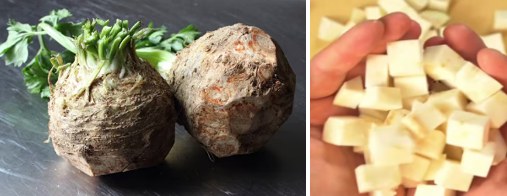 Whole and diced celery root (celeriac), one of the anti-inflammatory foods in your kitchen