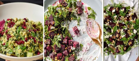 Leafy salad bowls with freekeh and beets for lunch
