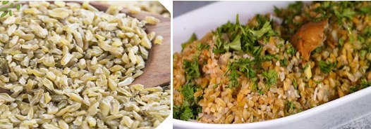 Dry freekeh grain and a freekeh salad, a whole-grain pick for anti-inflammatory foods