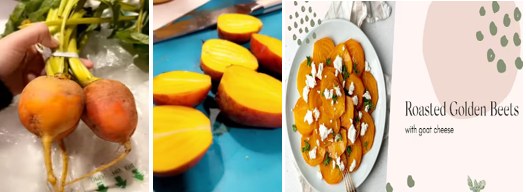 Golden beets whole, sliced and in a roasted salad with anti-inflammatory foods