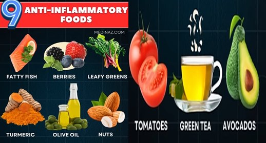 Infographic of nine anti-inflammatory foods, including fatty fish, berries, leafy greens, turmeric, olive oil, nuts, tomatoes, green tea and avocados