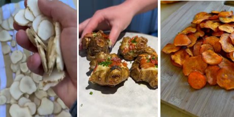 Sunchoke slices being prepared and roasted sunchoke chips