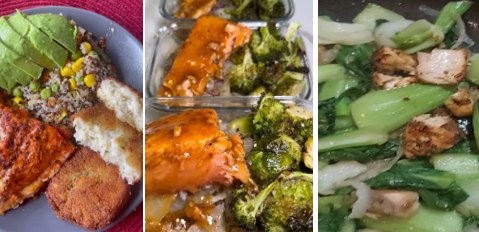 Baked salmon with roasted vegetables and steamed bok choy, a dinner of anti-inflammatory foods