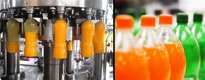 Sugary soda bottling line next to orange and green soda bottles