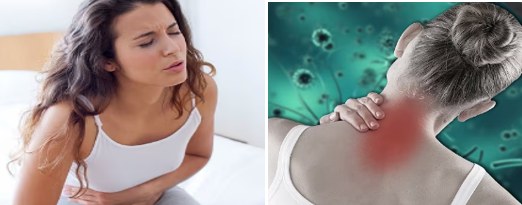 Older woman holding her stomach beside a person rubbing a sore neck and shoulder
