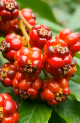 Cluster of red and orange camu camu berries growing on a green leafy branch