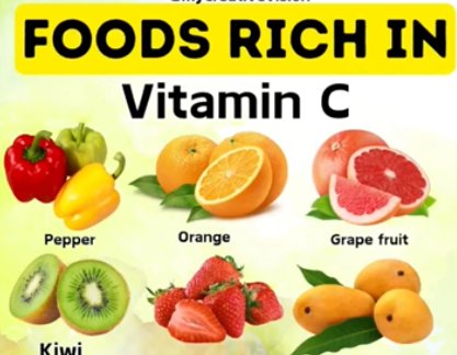 Chart of fruits and vegetables high in vitamin C, including peppers, orange, grapefruit, kiwi, strawberries and mango