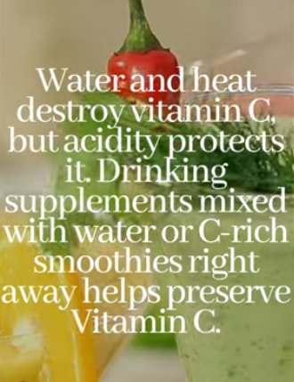 Smoothie tip graphic with a red pepper and orange, noting that water and heat destroy vitamin C but acidity helps protect it
