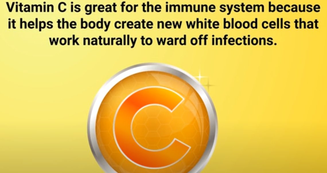 Yellow graphic with a vitamin C coin explaining that vitamin C helps the body make white blood cells that fight infection