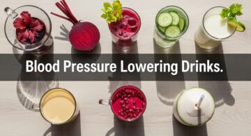 Flat-lay of natural blood pressure lowering drinks hibiscus tea beet juice celery juice cucumber water pomegranate juice golden milk coconut water