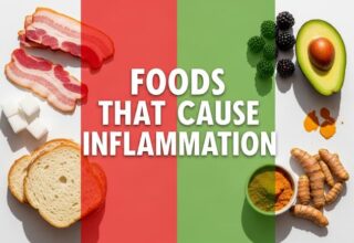 Flat-lay of inflammatory foods vs anti-inflammatory foods – foods that cause inflammation