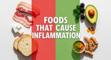 Flat-lay of inflammatory foods vs anti-inflammatory foods – foods that cause inflammation