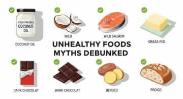 Flat-lay of coconut oil salmon butter dark chocolate potato sourdough with green checkmarks – unhealthy foods myths debunked