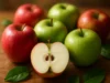 Fresh red and green apples on wooden surface with one cut in half showing white flesh
