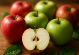 Fresh red and green apples on wooden surface with one cut in half showing white flesh