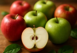 Fresh red and green apples on wooden surface with one cut in half showing white flesh