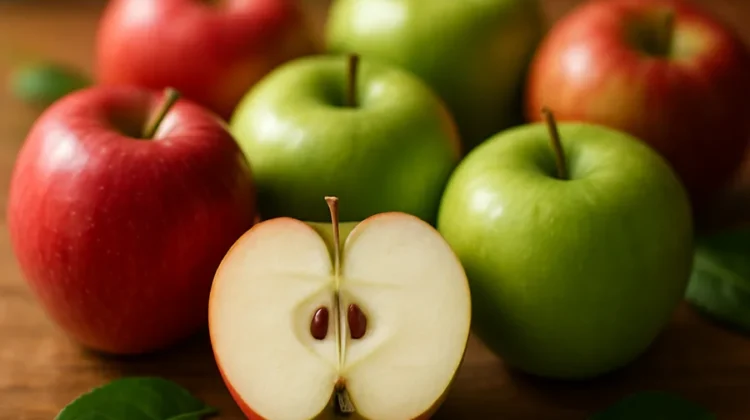 Fresh red and green apples on wooden surface with one cut in half showing white flesh