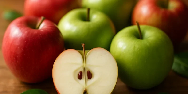 Fresh red and green apples on wooden surface with one cut in half showing white flesh
