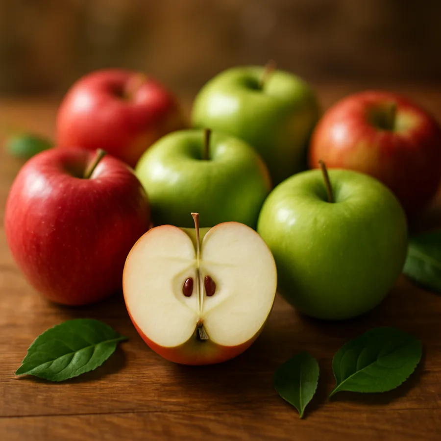 Fresh red and green apples on wooden surface with one cut in half showing white flesh