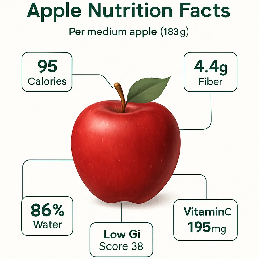 Apple nutrition facts infographic showing 95 calories 4.4g fiber vitamin C and potassium per medium apple