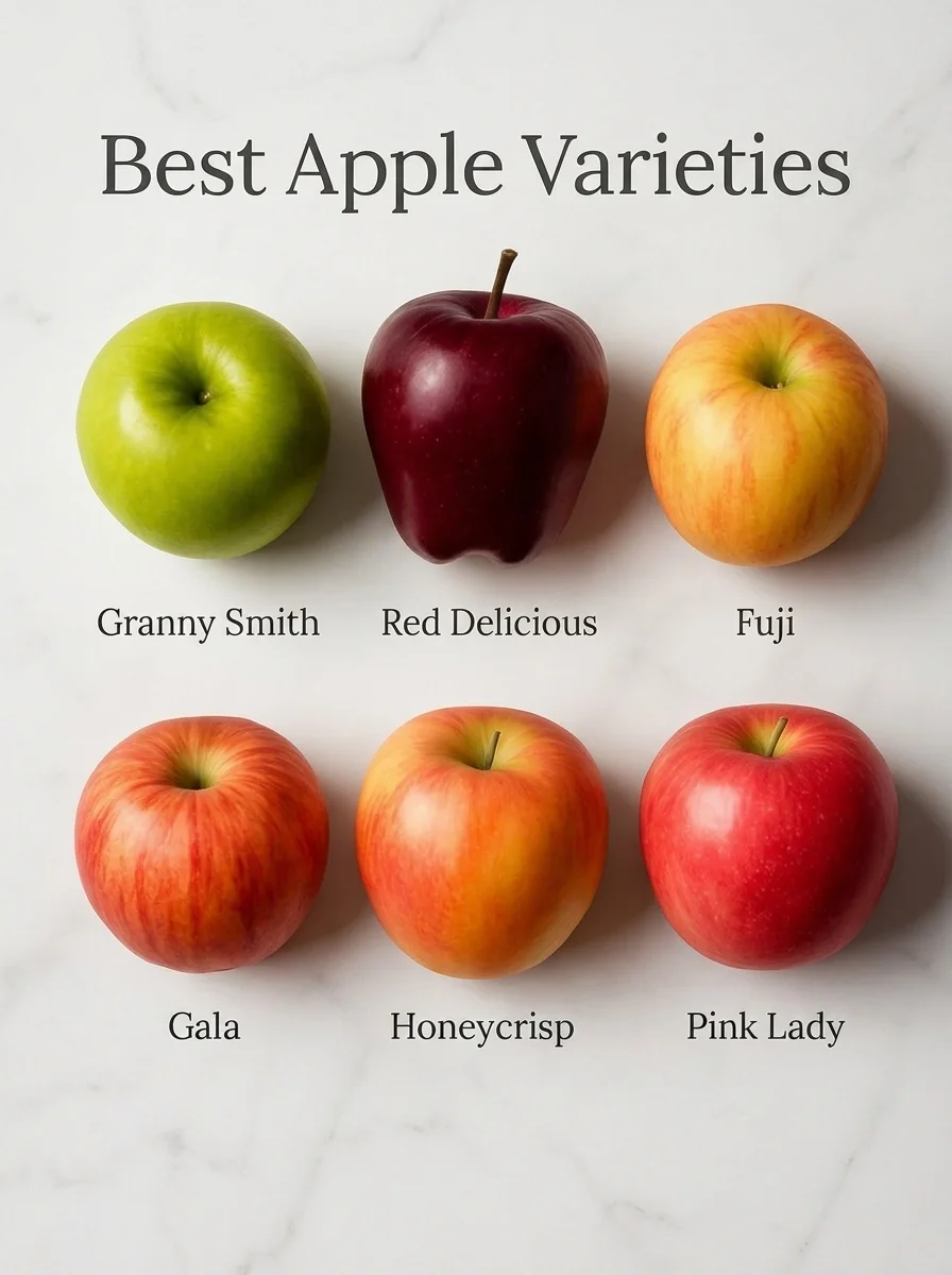 Infographic comparing six healthy apple varieties — Granny Smith, Red Delicious, Fuji, Gala, Honeycrisp, and Pink Lady — side by side on a marble countertop