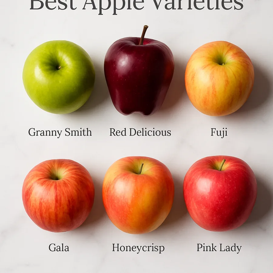 Six best apple varieties comparison Granny Smith Red Delicious Fuji Gala Honeycrisp and Pink Lady