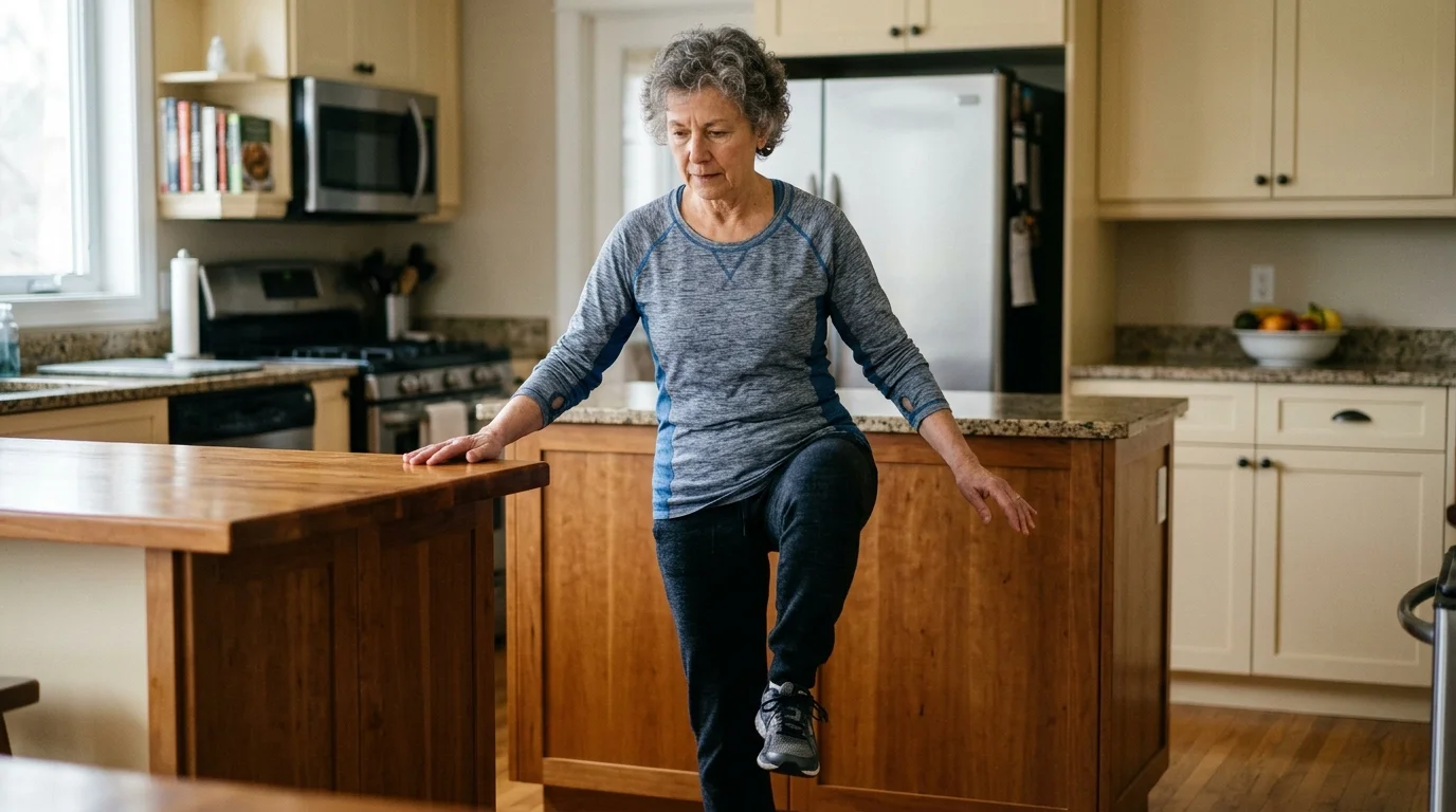 Older adult practicing single-leg balance exercise near kitchen counter for fall prevention