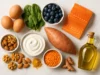 Best healthy foods for seniors over 60 flat lay including eggs salmon spinach blueberries Greek yogurt sweet potato nuts lentils turmeric and olive oil