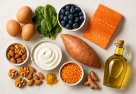 Best healthy foods for seniors over 60 flat lay including eggs salmon spinach blueberries Greek yogurt sweet potato nuts lentils turmeric and olive oil