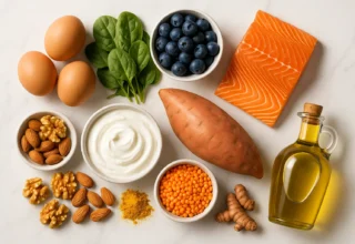 Best healthy foods for seniors over 60 flat lay including eggs salmon spinach blueberries Greek yogurt sweet potato nuts lentils turmeric and olive oil