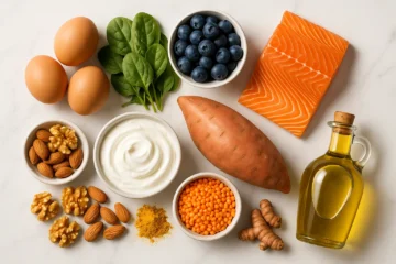 Best healthy foods for seniors over 60 flat lay including eggs salmon spinach blueberries Greek yogurt sweet potato nuts lentils turmeric and olive oil