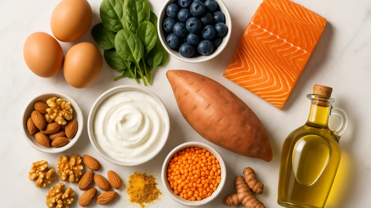Best healthy foods for seniors over 60 flat lay including eggs salmon spinach blueberries Greek yogurt sweet potato nuts lentils turmeric and olive oil