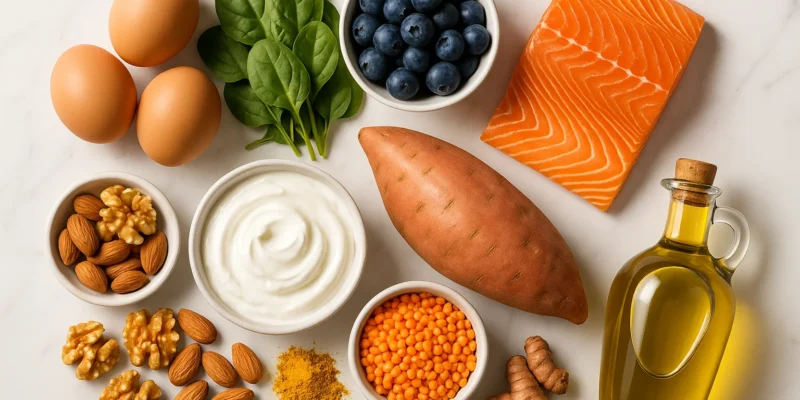Best healthy foods for seniors over 60 flat lay including eggs salmon spinach blueberries Greek yogurt sweet potato nuts lentils turmeric and olive oil