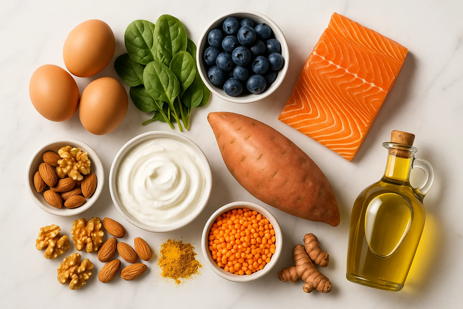 Best healthy foods for seniors over 60 flat lay including eggs salmon spinach blueberries Greek yogurt sweet potato nuts lentils turmeric and olive oil