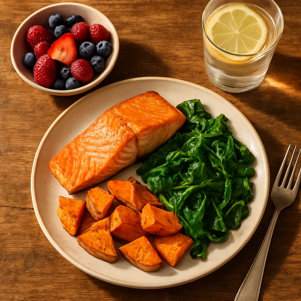 Healthy senior meal with pan seared salmon steamed spinach roasted sweet potato mixed berries and lemon water