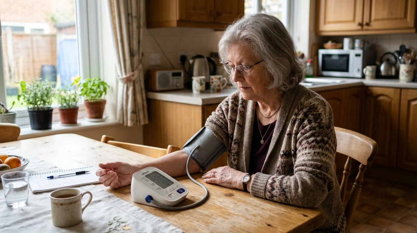 Adult over 60 checking blood pressure at home for healthy aging