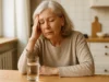 Senior woman in her 60s looking fatigued at kitchen table with glass of water - signs of high blood sugar