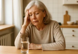 Senior woman in her 60s looking fatigued at kitchen table with glass of water - signs of high blood sugar