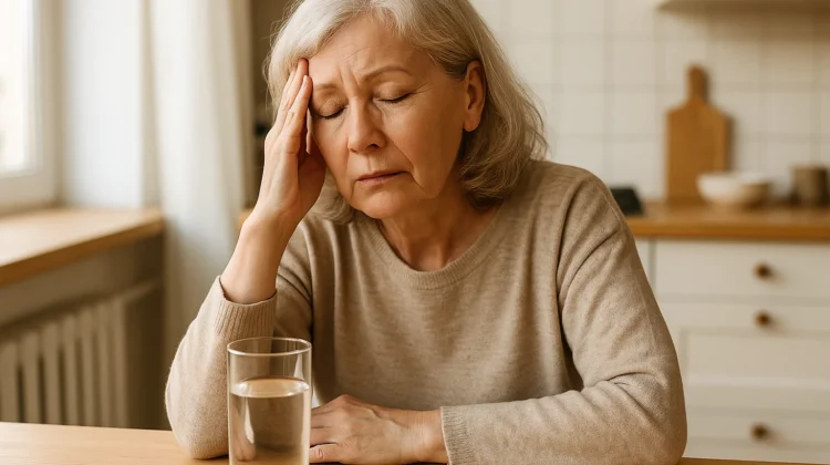 Senior woman in her 60s looking fatigued at kitchen table with glass of water - signs of high blood sugar