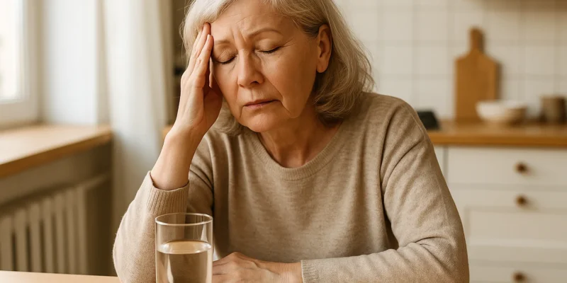 Senior woman in her 60s looking fatigued at kitchen table with glass of water - signs of high blood sugar