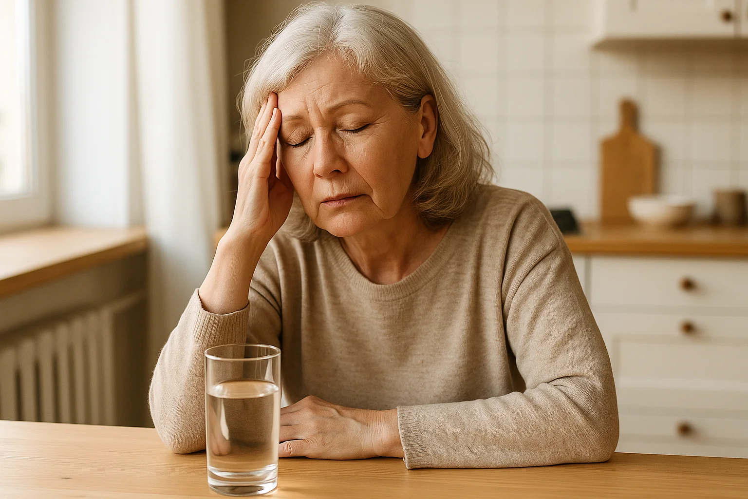Senior woman in her 60s looking fatigued at kitchen table with glass of water - signs of high blood sugar