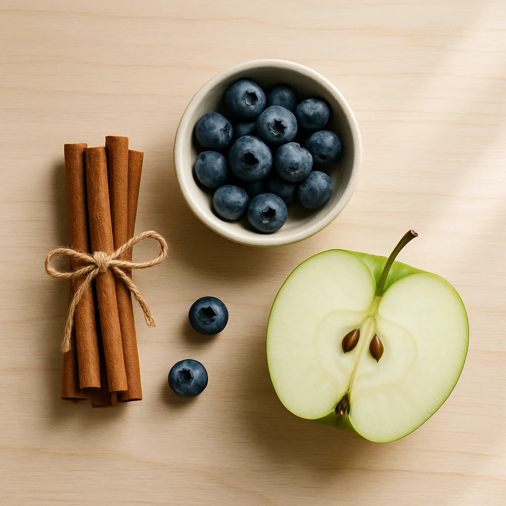 Natural blood sugar management foods - cinnamon sticks blueberries and green apple on wooden surface