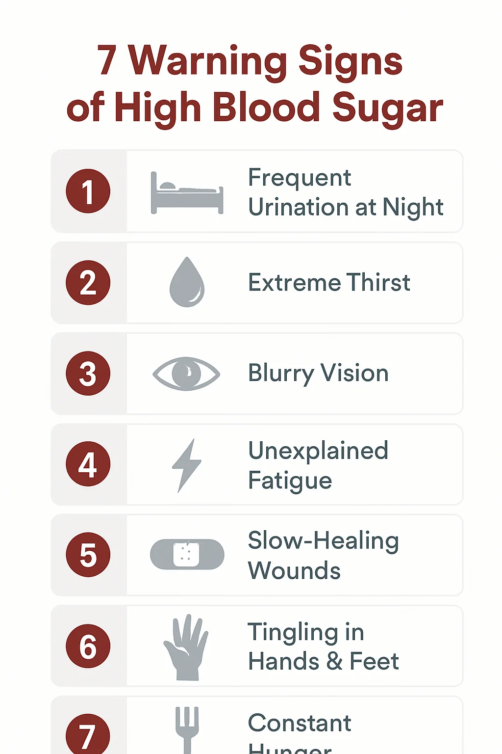 7 warning signs of high blood sugar infographic including frequent urination extreme thirst blurry vision fatigue slow healing wounds tingling and constant hunger