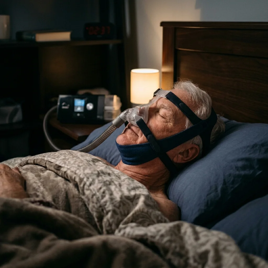 Senior sleeping with CPAP nasal mask and chin strap to prevent mouth breathing and dry mouth