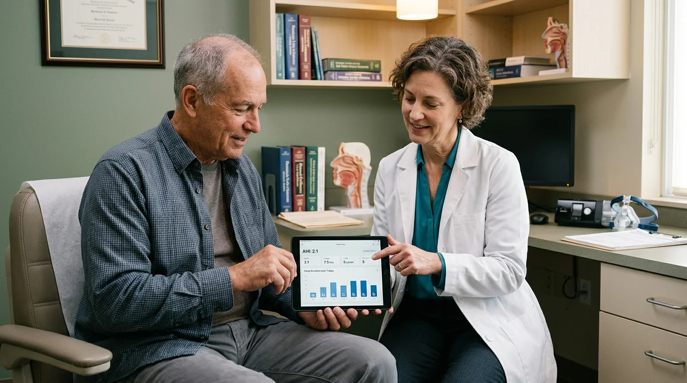 Older patient discussing CPAP data and dry mouth issues with sleep specialist in clinic