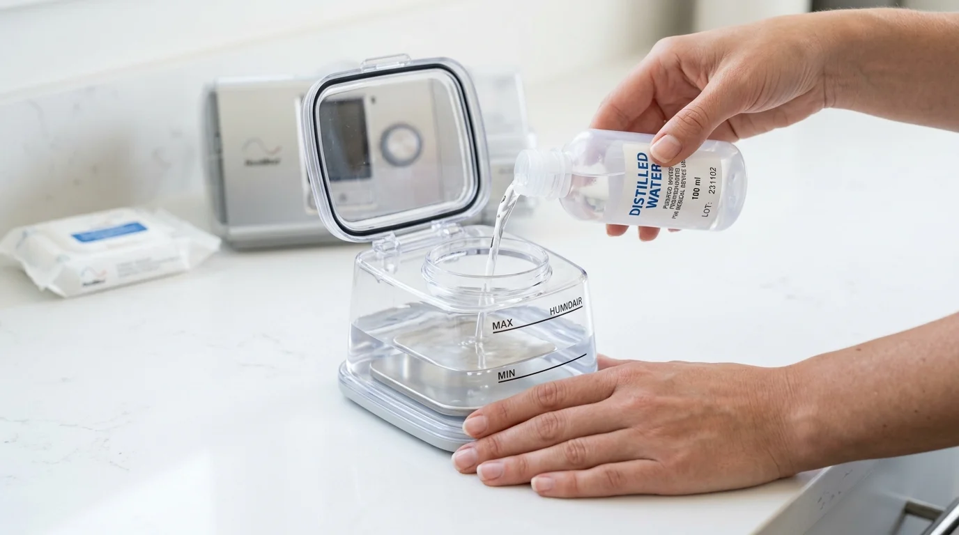 CPAP humidifier water chamber being filled with distilled water to prevent dry mouth