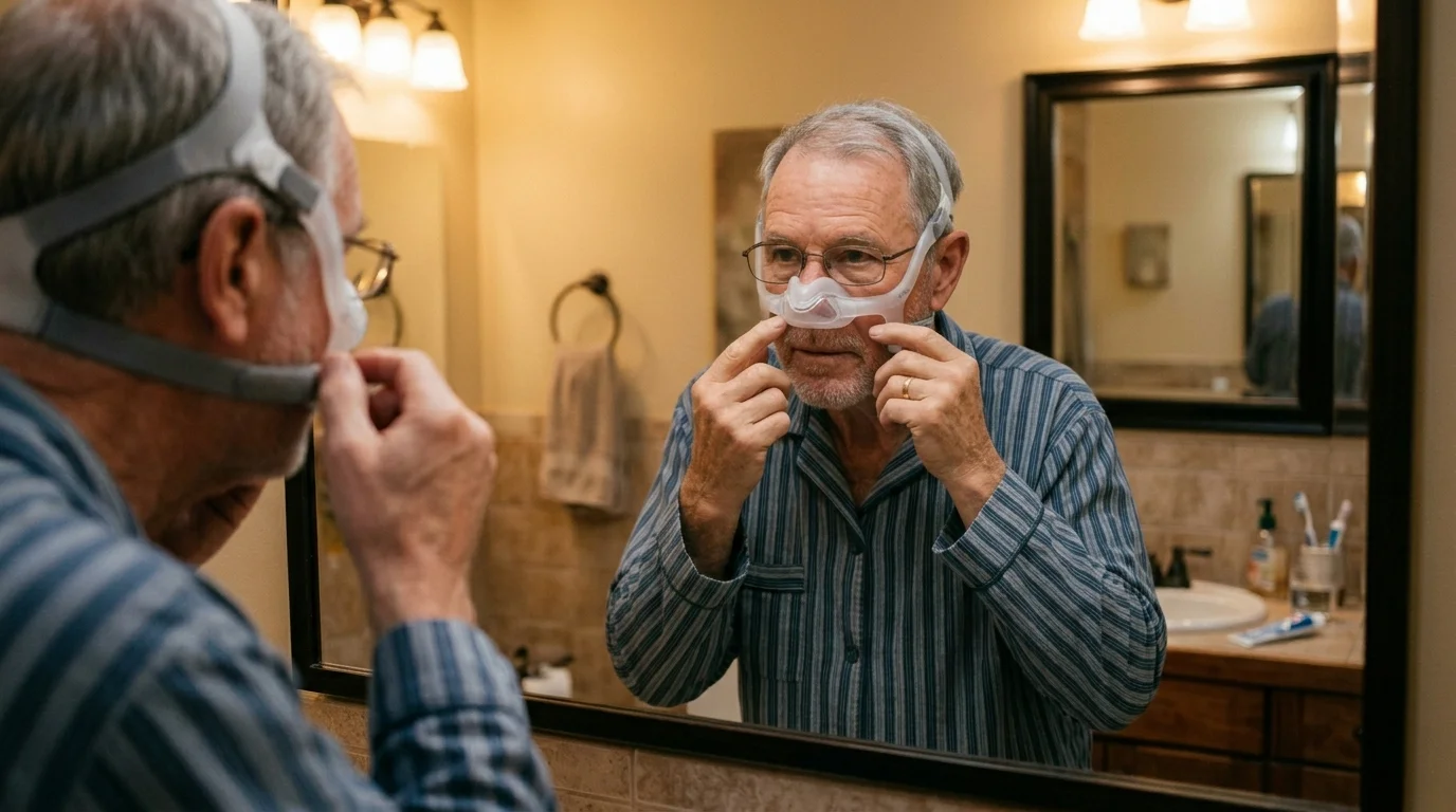 Older adult adjusting CPAP nasal mask in mirror checking seal to prevent air leaks and dry mouth