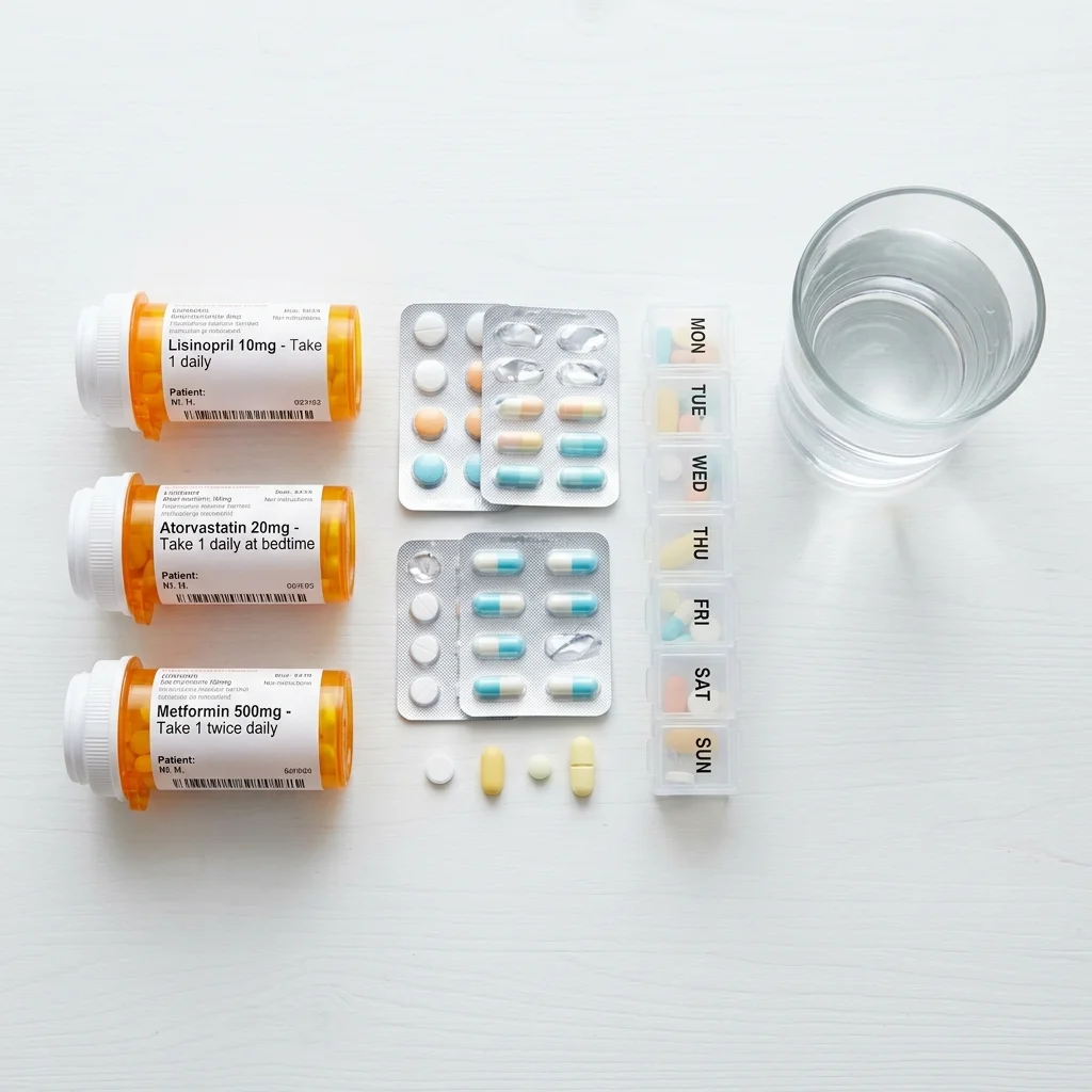 Prescription pill bottles and blister packs representing medications that cause dry mouth as a side effect