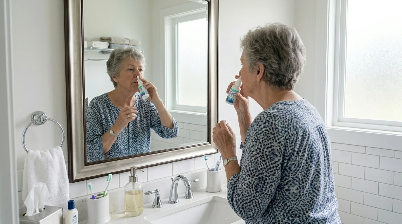 Older person using saline nasal spray to relieve nasal congestion and reduce mouth breathing with CPAP