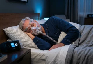 Older adult wearing CPAP full-face mask in bed at night for sleep apnea therapy